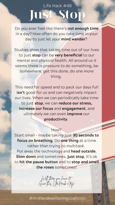 Life Hack #48: Just Stop from the Midland Area Wellbeing Coalition