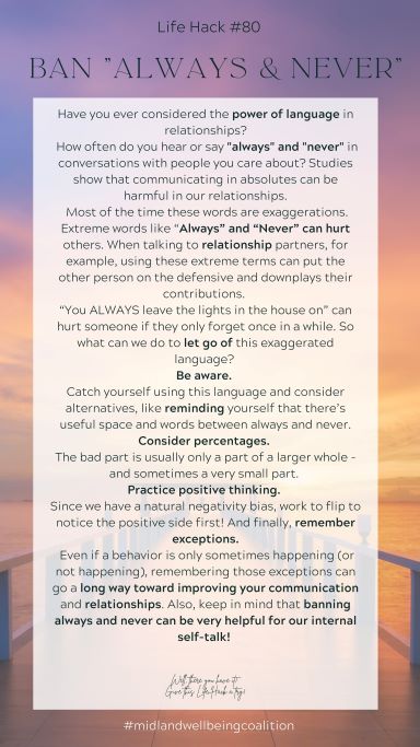 Life Hack #80: Ban Always and Never from the Midland Area Wellbeing Coalition in Midland, MI.