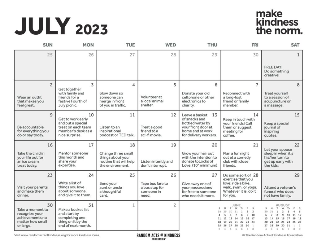Random Acts of Kindness Calendar brought to you from the Midland Area Wellbeing Coalition in Midland, MI.