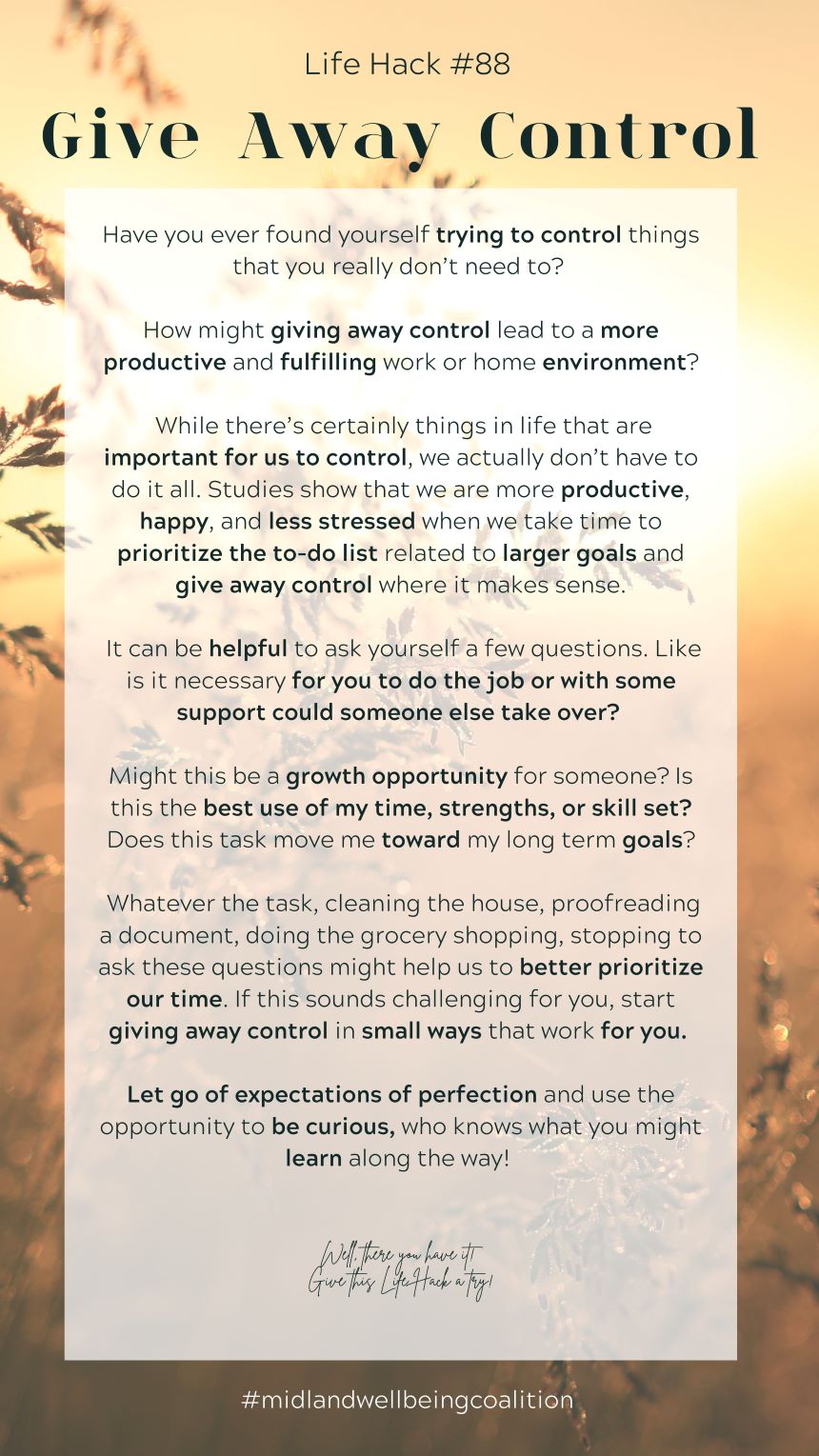 Life Hack #88: Give Away Control from the Midland Area Wellbeing Coalition in Midland, MI.